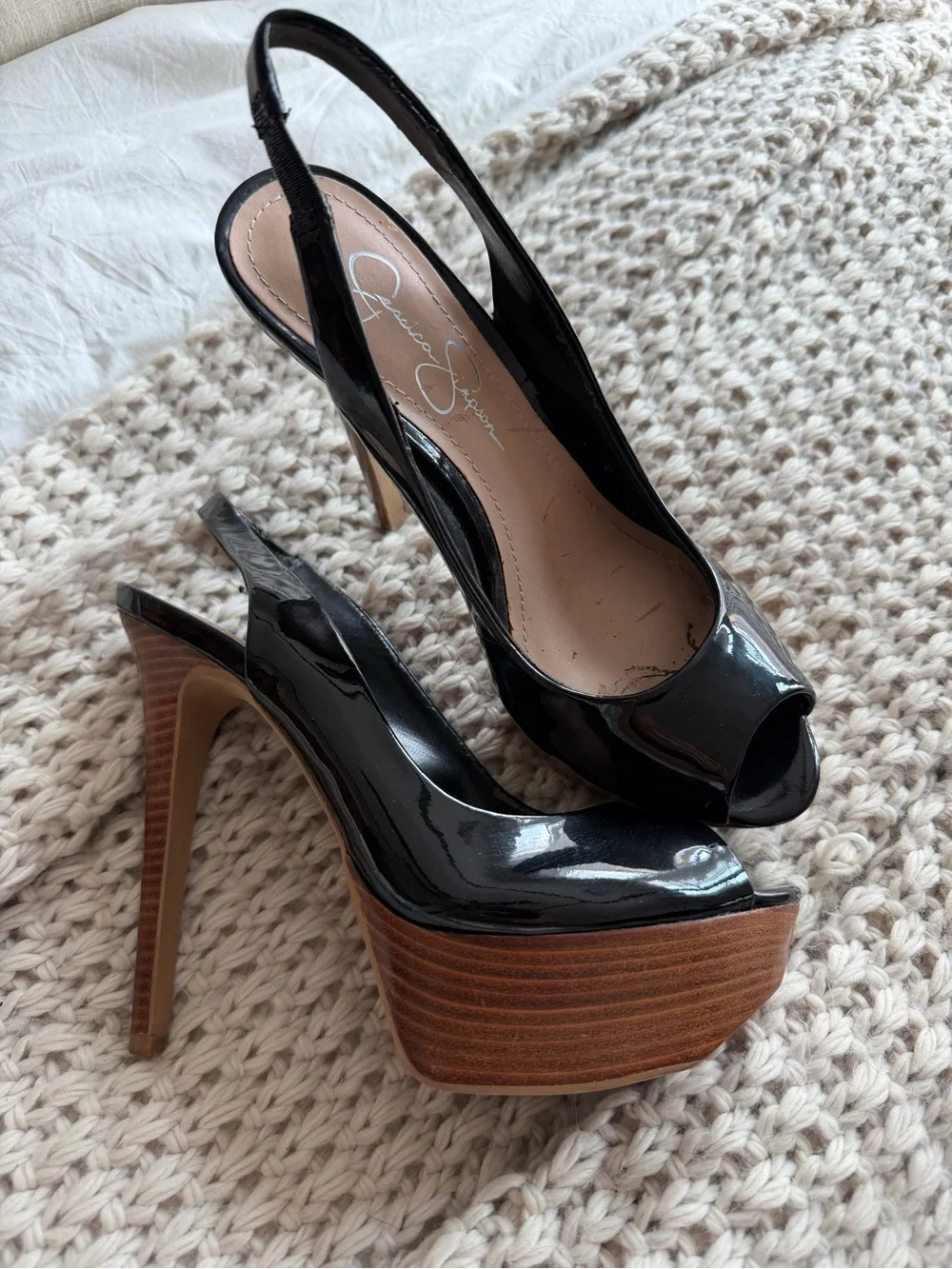 Jessica Simpson Halie Black Patent Peep Toe Slingback Heels Size 7.5 Y2K
